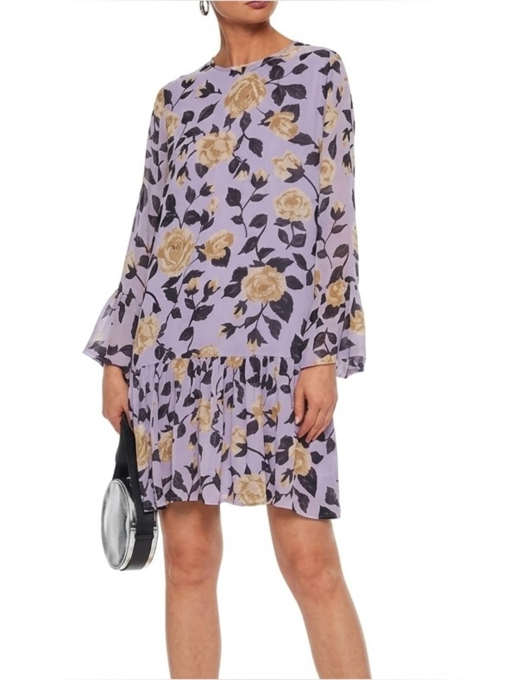 GANNI Carlton Lavender Floral Georgette Drop Waist Mini Dress Size EU 34 US 2